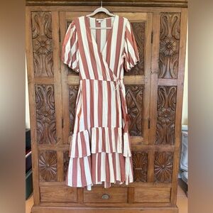 Striped Wrap Dress in Rust and White